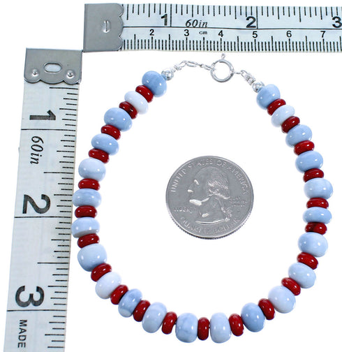 Coral And Blue Lace Agate Sterling Silver Bead Bracelet SX115305